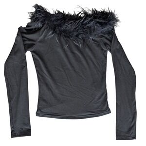 Dazy‎ Black Fur Collar Retro 90s inspire Long Sleeve Stretchy Top Medium